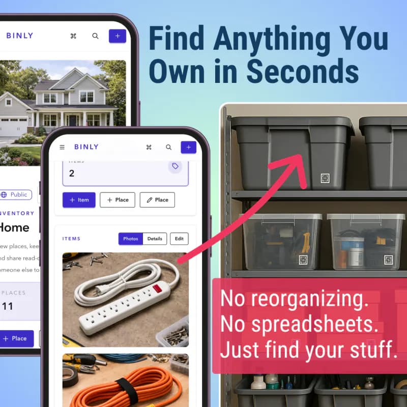 Binly product advertisement showing visual inventory on mobile devices
