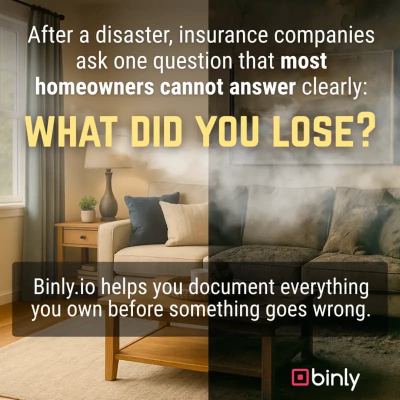 Binly social advertisement about documenting belongings before an insurance loss