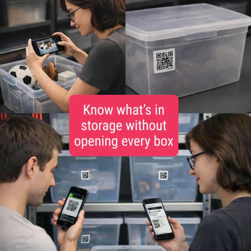 Binly social post showing how QR labels make storage searchable