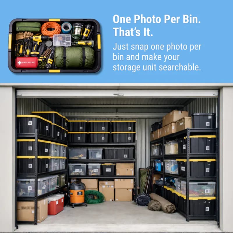 Binly social post explaining its one-photo-per-bin storage workflow