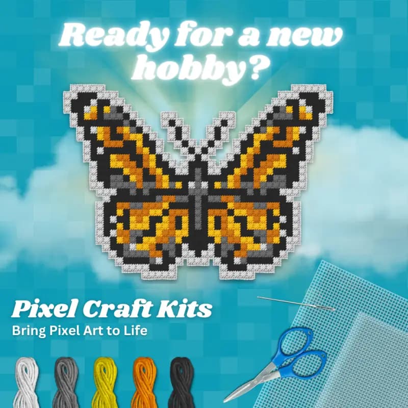 Pixel Craft Kits social advertisement inviting people to start a new pixel-art hobby