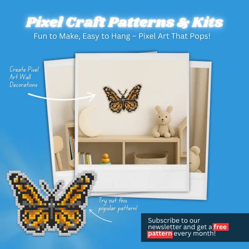 Pixel Craft Patterns and Kits social advertisement featuring butterfly wall decor