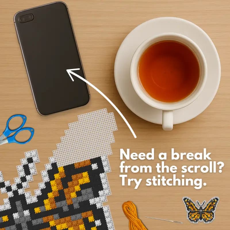 Pixel Craft social advertisement suggesting stitching as a break from scrolling