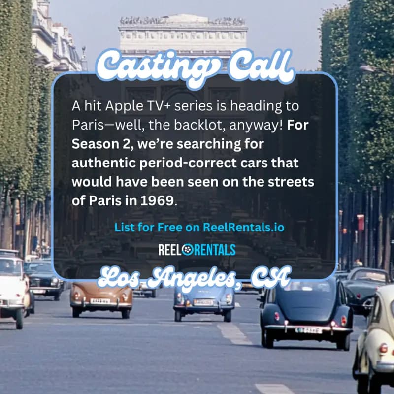 ReelRentals casting call seeking period-correct cars for a 1969 Paris production