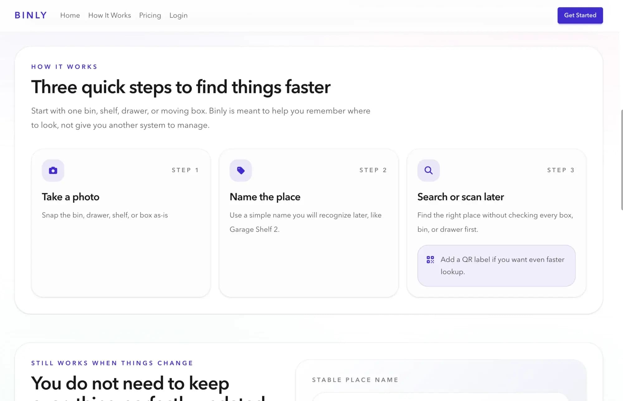 Binly page explaining its three-step storage workflow
