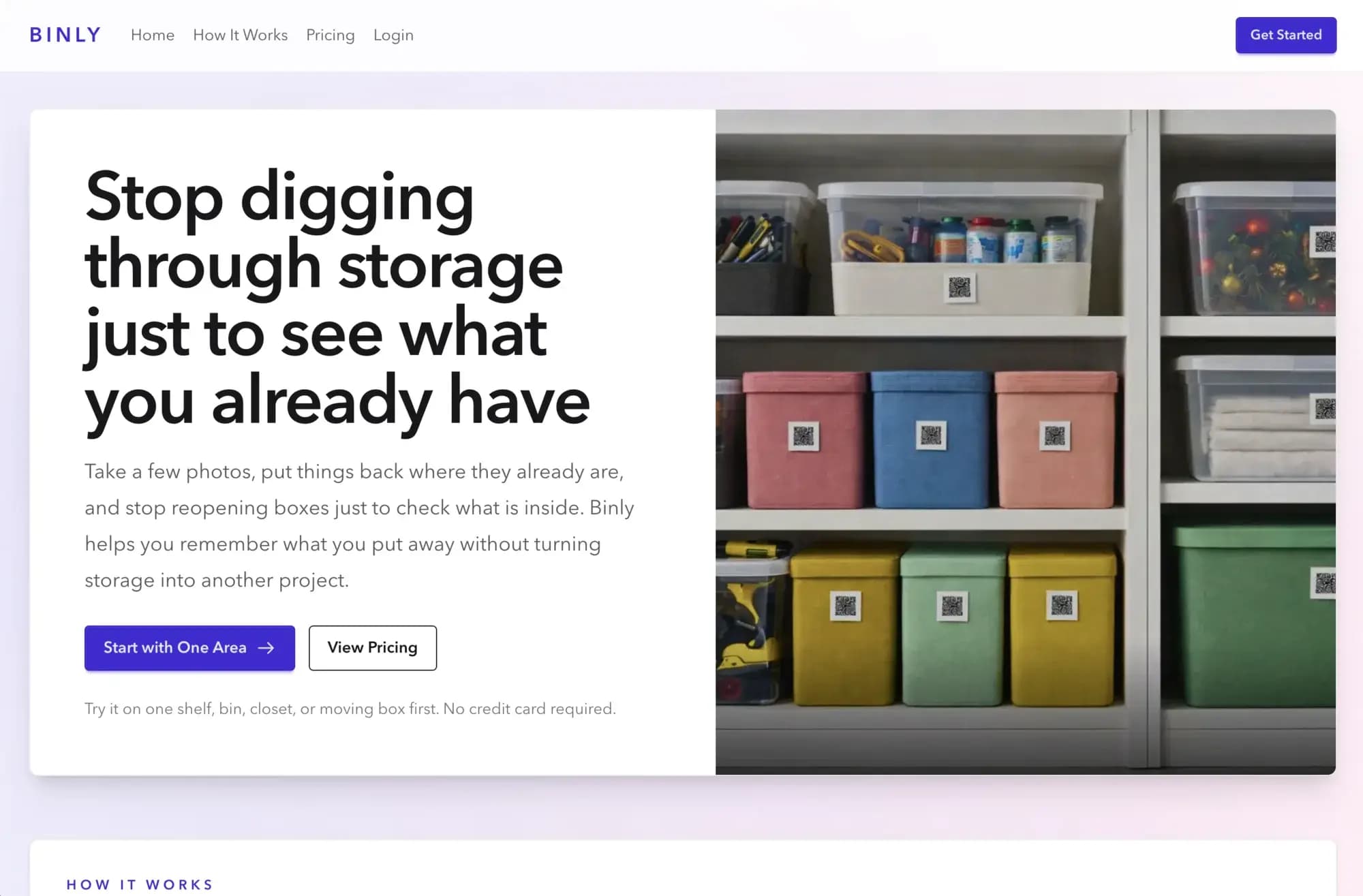 Binly homepage with storage bins and product introduction