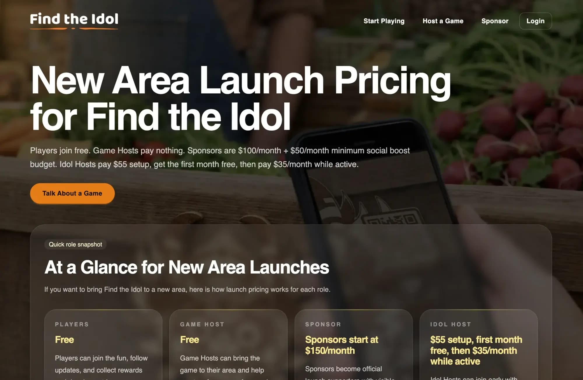 Find the Idol new-area game hosting page