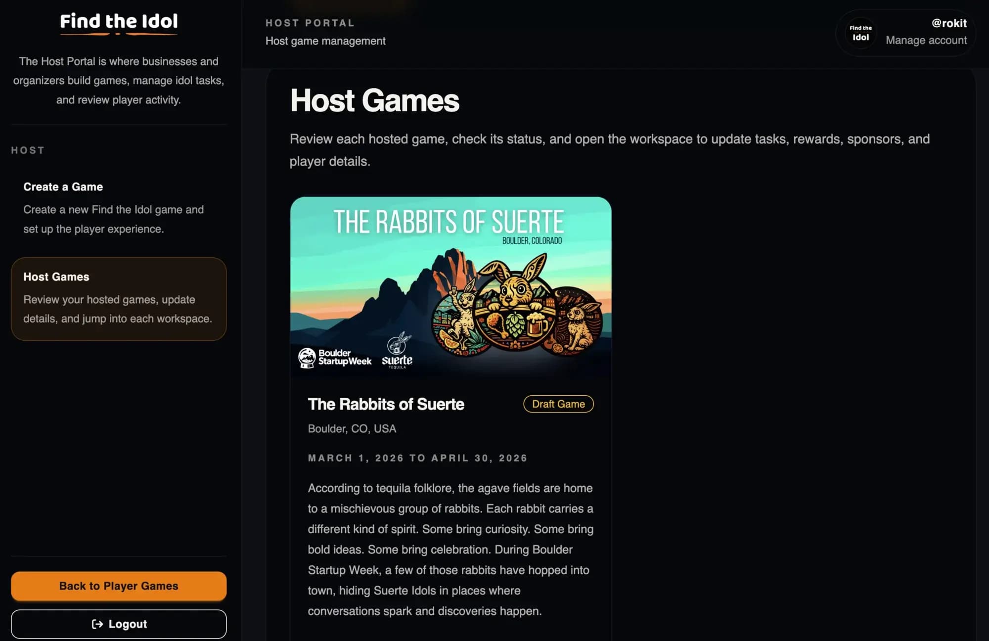 Find the Idol host portal showing an active game