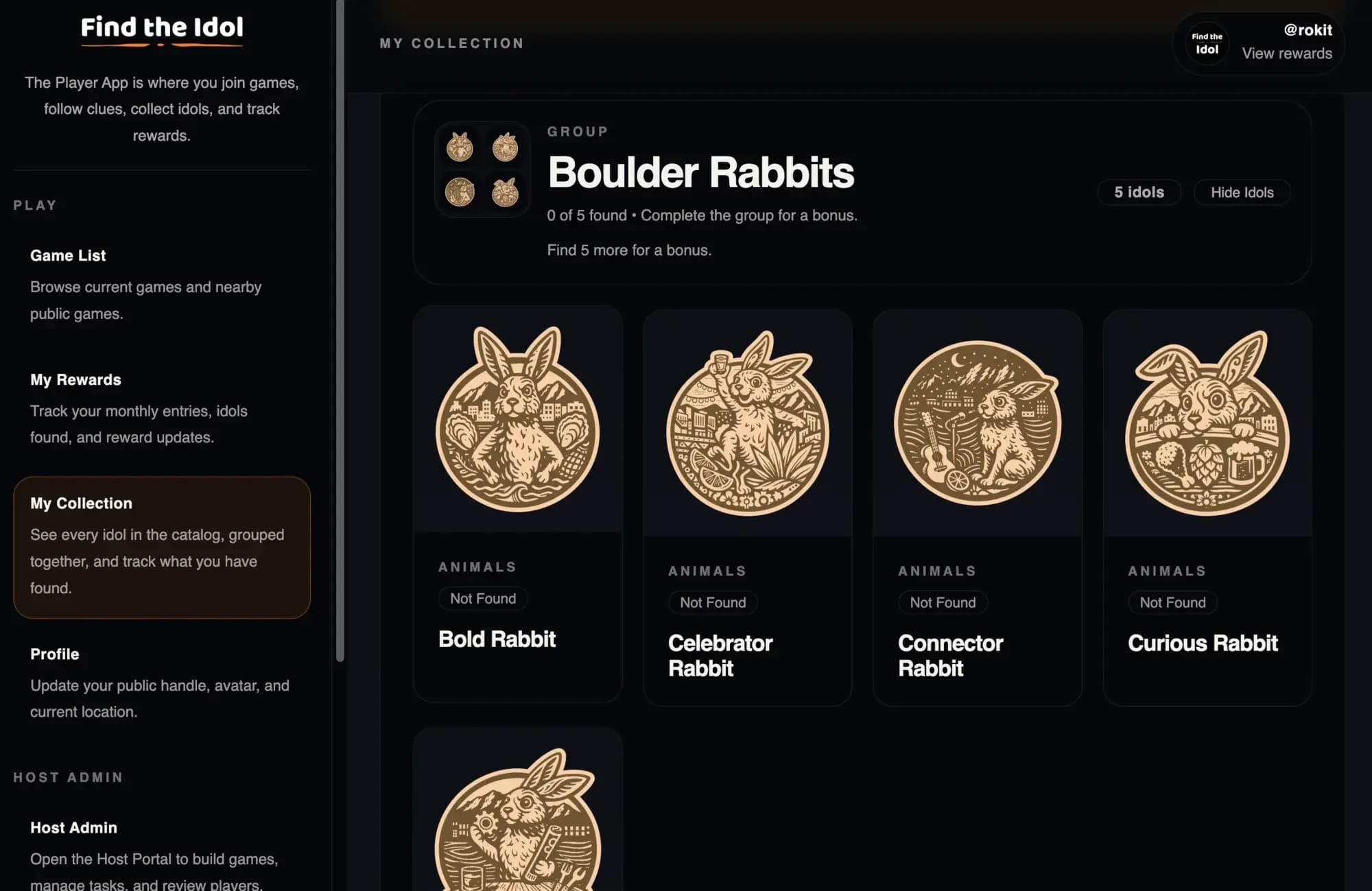 Find the Idol player collection with discovered rabbit idols