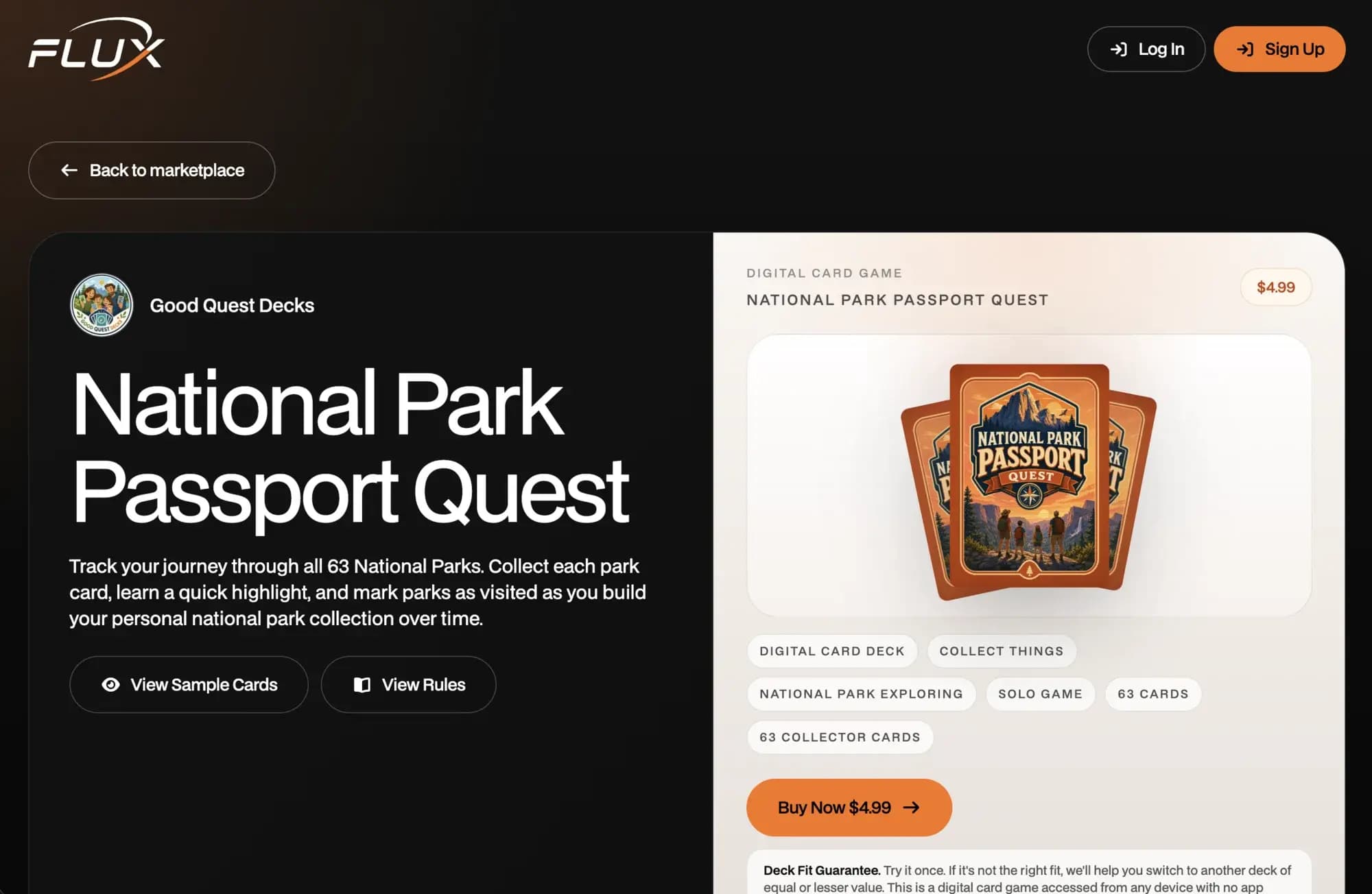 Flux National Park Passport Quest deck detail page