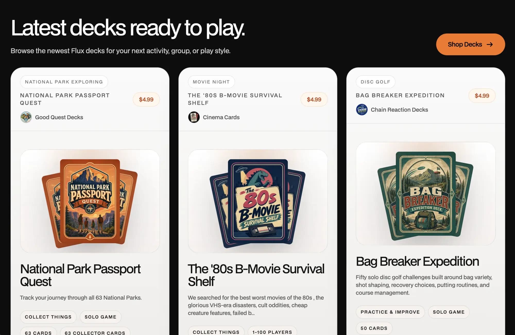 Flux marketplace showing decks available to play