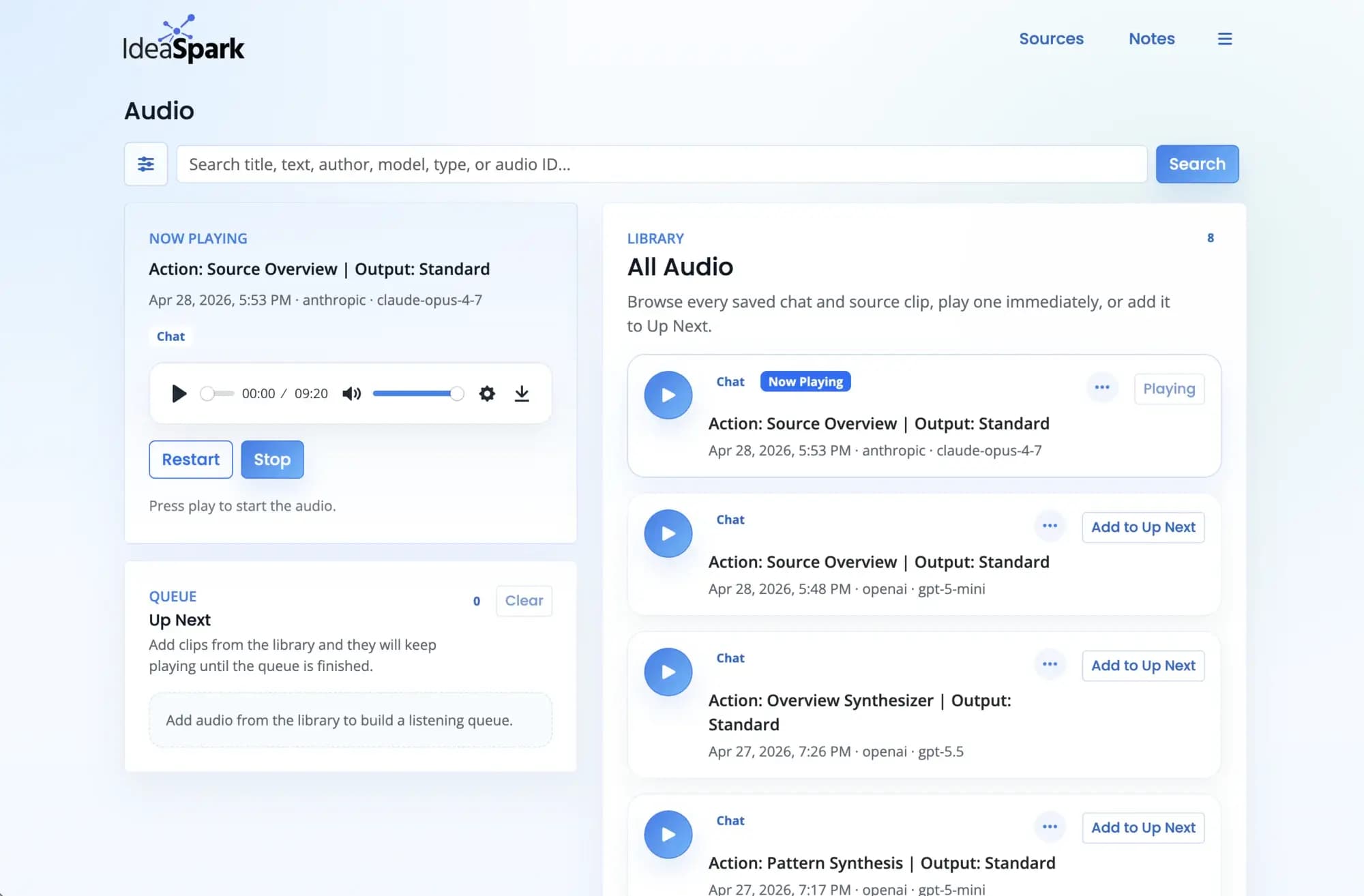IdeaSpark audio library and playlist interface
