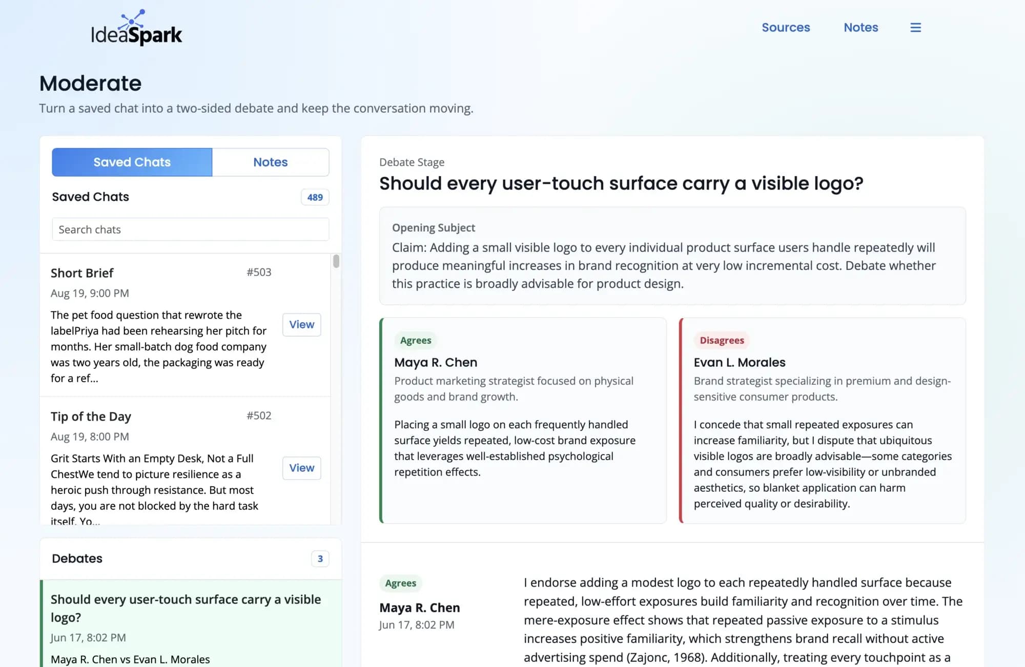 IdeaSpark moderation workspace with saved chats and notes