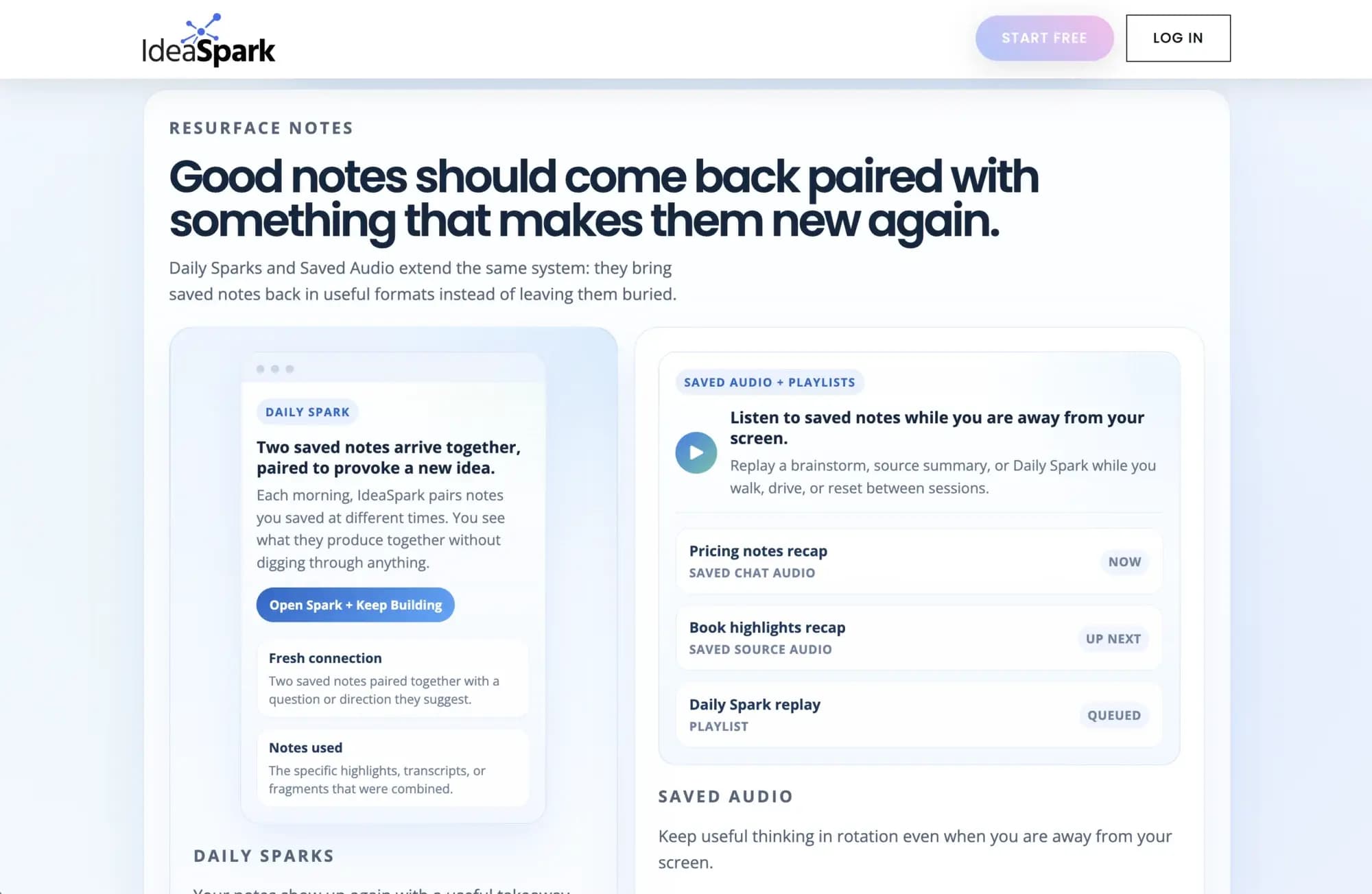 IdeaSpark Daily Sparks and saved audio marketing section