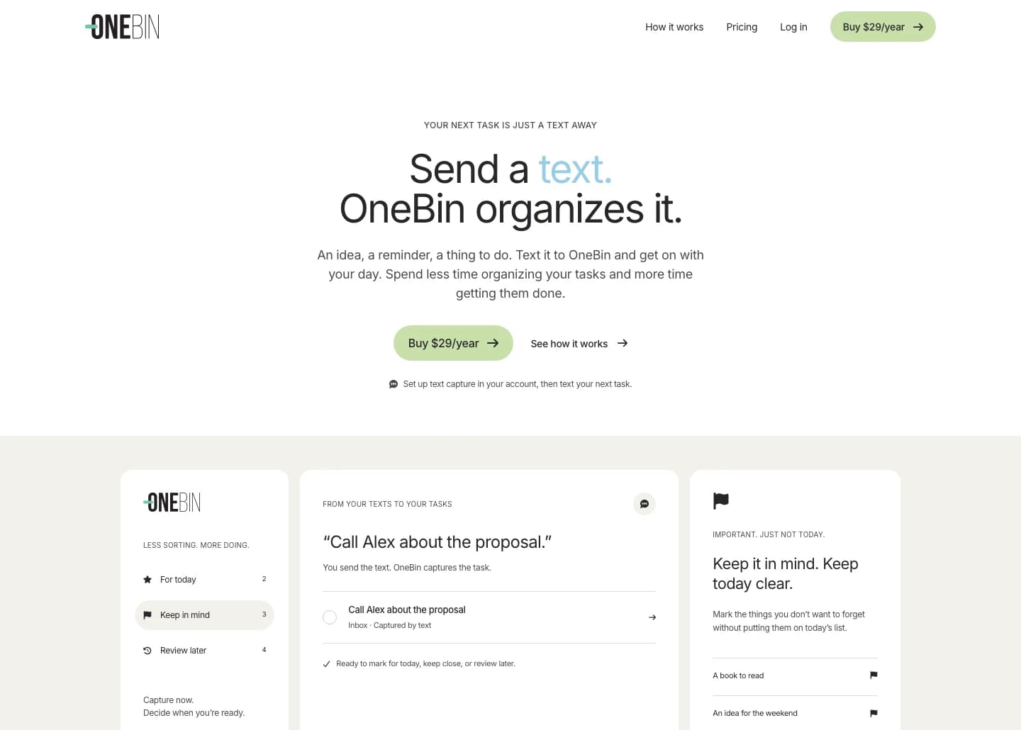 OneBin homepage showing text capture and task organization