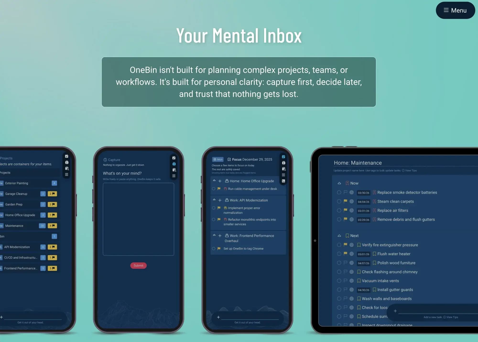OneBin homepage with product screens across devices