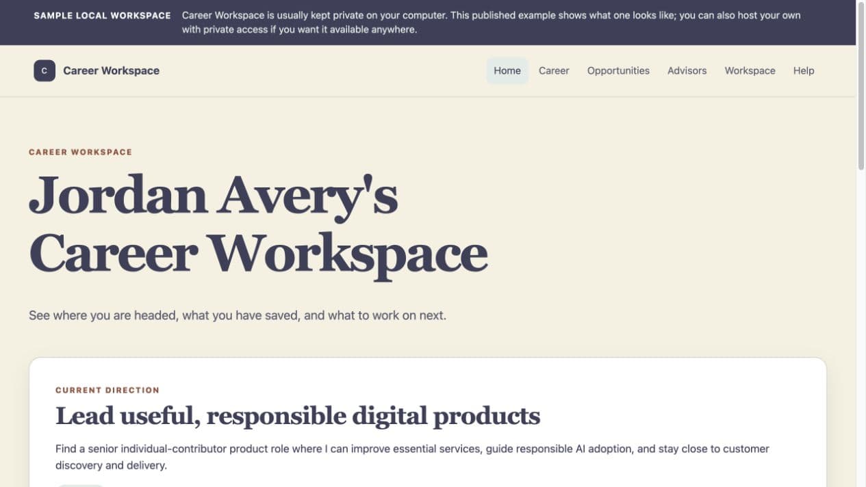 The Career Workspace sample showing Jordan Avery's career dashboard and next actions.