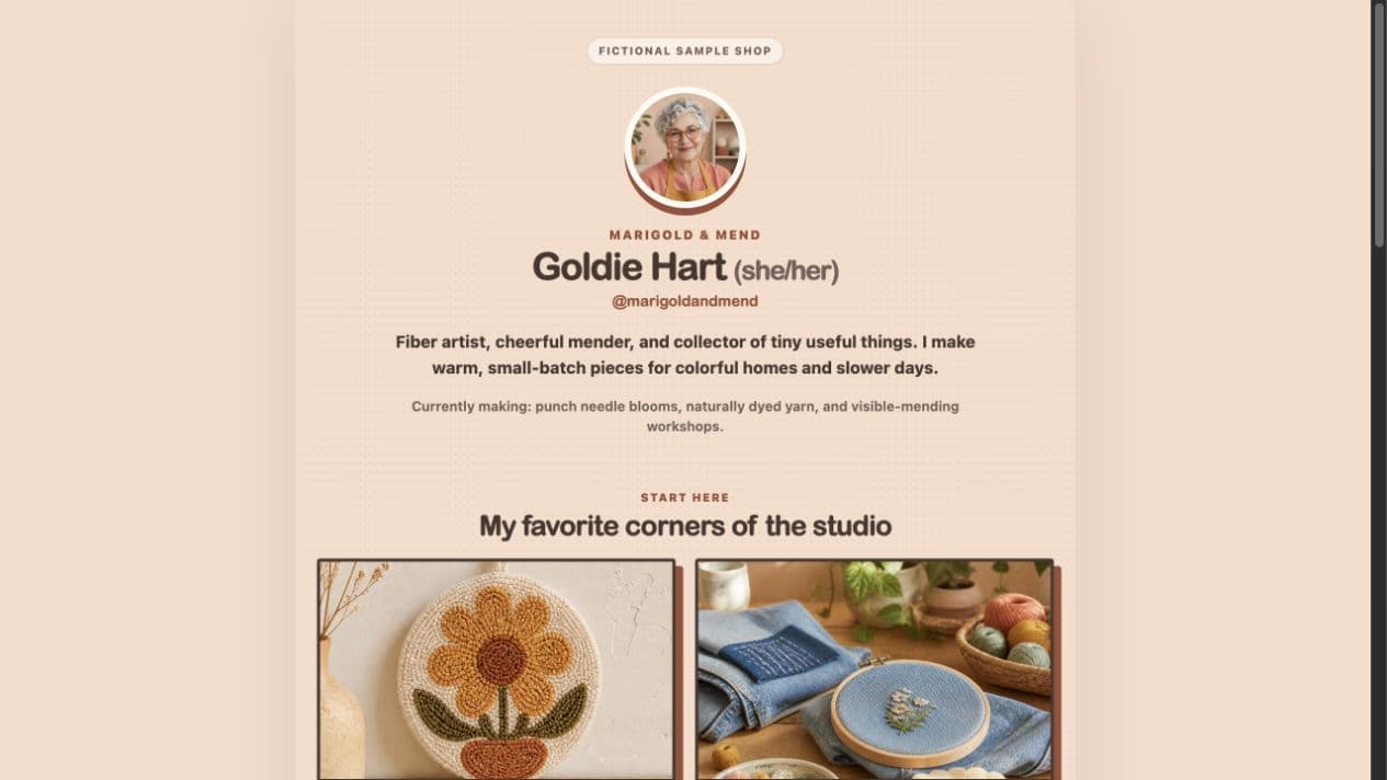 The Marigold & Mend sample link page for fiber artist Goldie Hart.
