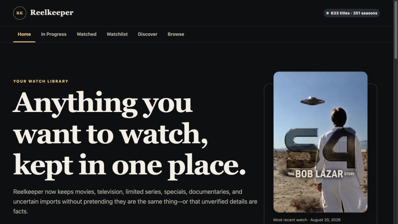 The Reelkeeper sample showing a dark cinematic home page for a personal watch library.