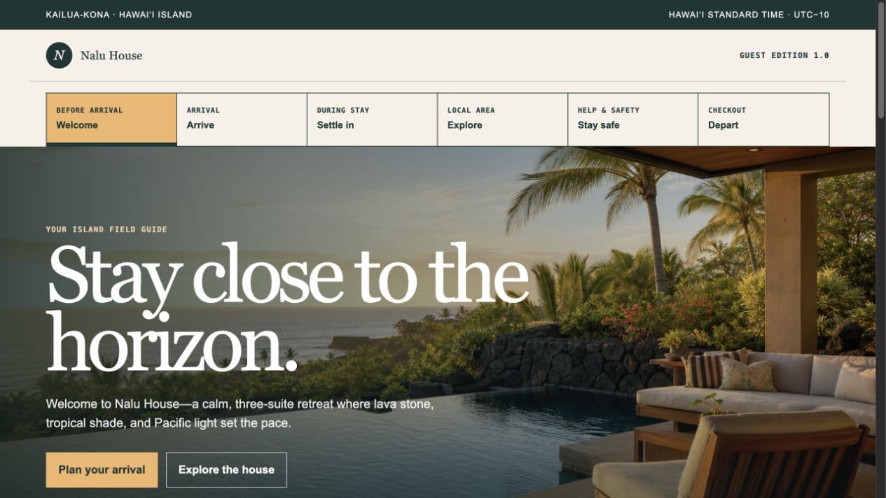The Nalu House sample showing a vacation rental guest field guide for Kailua-Kona, Hawaiʻi.