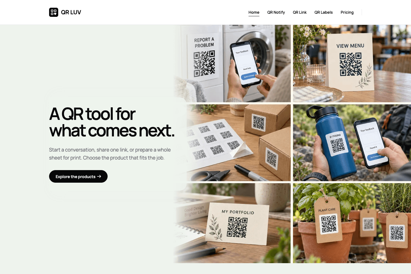 QR Luv homepage introducing QR Notify, QR Link, and QR Labels